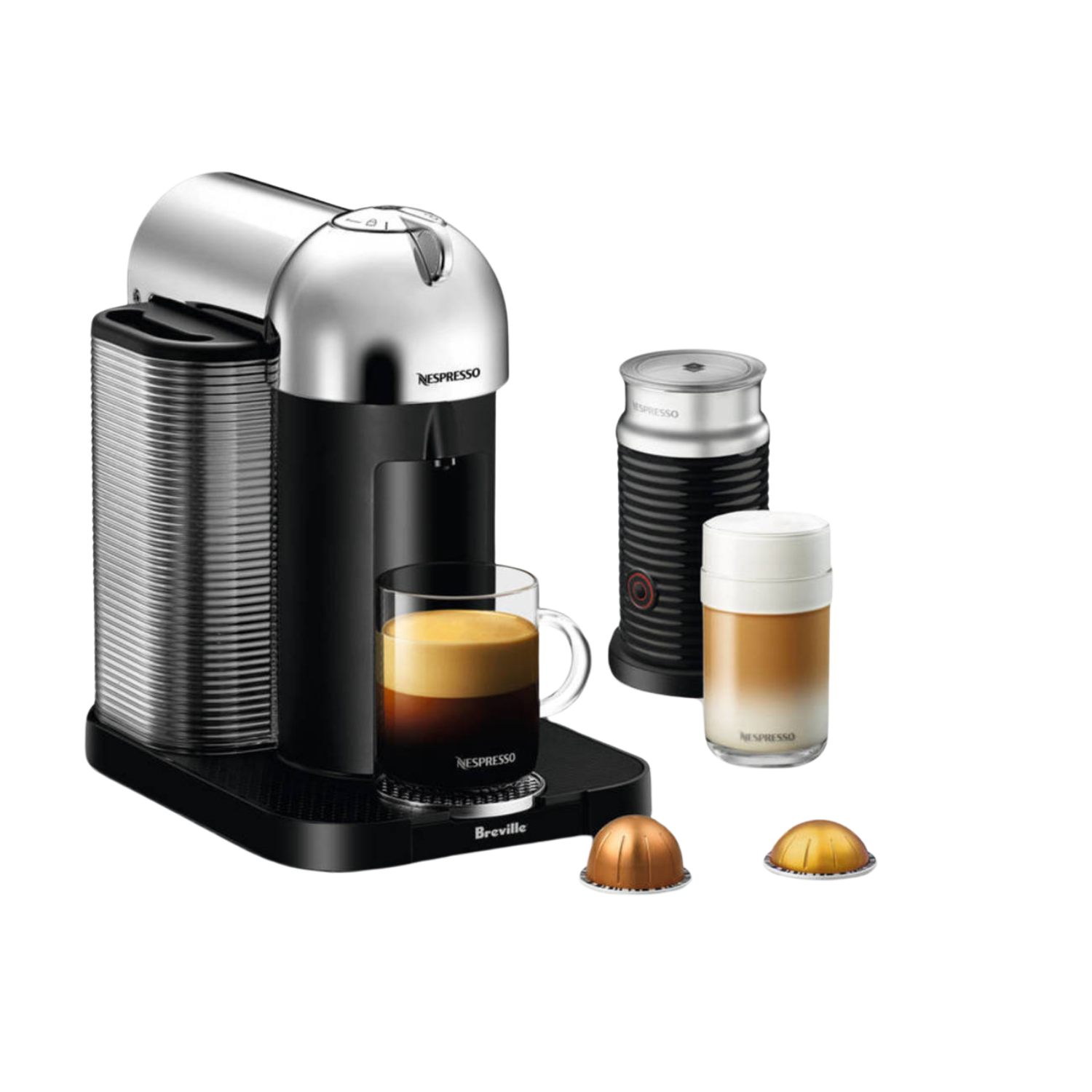 Nespresso Vertuo by Breville in chrome with an Aeroccino milk frother