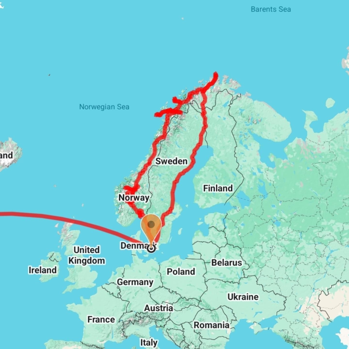 My posted trip map showing the loop through Scandinavia